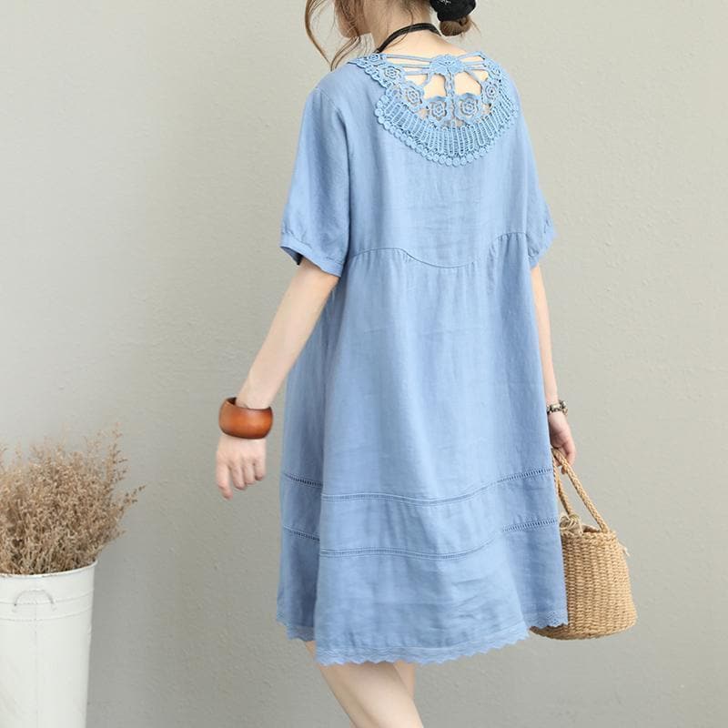 stylish light blue linen shift dress oversize shirt dress women patchwork lace hollow out linen cotton dress SDM180727