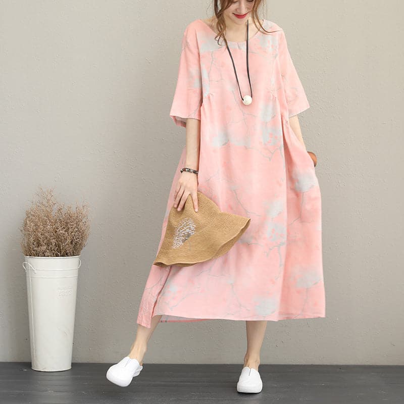 stylish pink prints long linen dresses oversize o neck linen clothing dresses casual half sleeve kaftans SDL180727