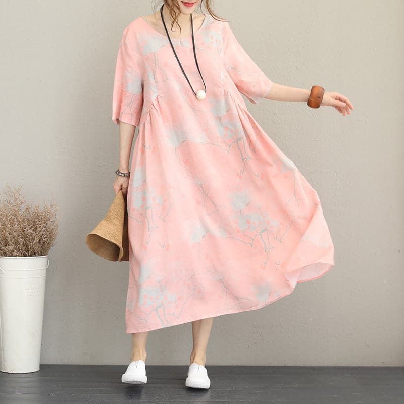 stylish pink prints long linen dresses oversize o neck linen clothing dresses casual half sleeve kaftans SDL180727