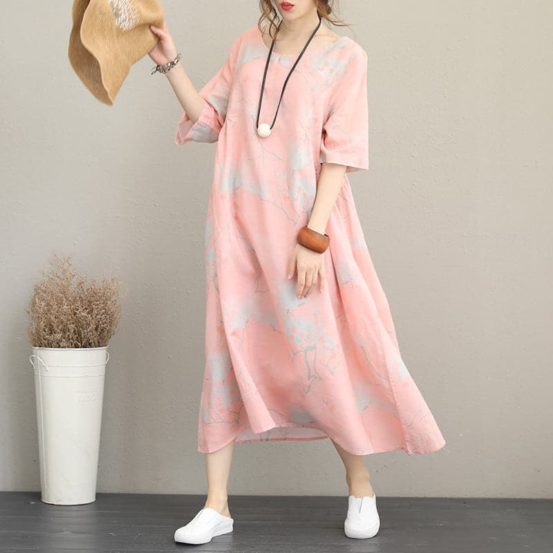 stylish pink prints long linen dresses oversize o neck linen clothing dresses casual half sleeve kaftans SDL180727