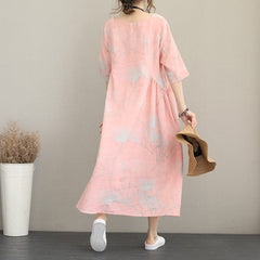 stylish pink prints long linen dresses oversize o neck linen clothing dresses casual half sleeve kaftans SDL180727