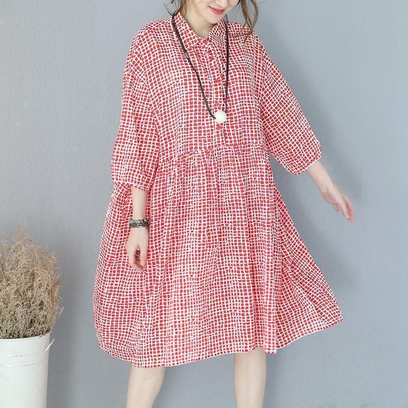 stylish red plaid cotton dresses plus size traveling clothing casual lapel collar bracelet sleeved cotton dress SDM180727