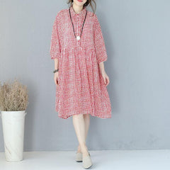 stylish red plaid cotton dresses plus size traveling clothing casual lapel collar bracelet sleeved cotton dress SDM180727