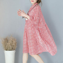 stylish red plaid cotton dresses plus size traveling clothing casual lapel collar bracelet sleeved cotton dress SDM180727