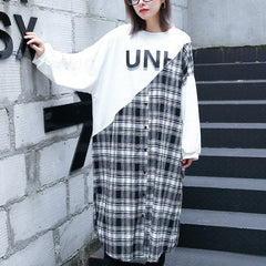 stylish white Plaid patchwork cotton blended caftans oversize O neck traveling dress fine side open baggy gown AT-FDL1809911