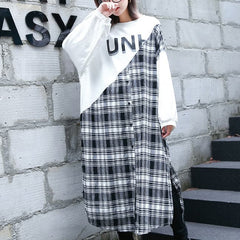 stylish white Plaid patchwork cotton blended caftans oversize O neck traveling dress fine side open baggy gown AT-FDL1809911