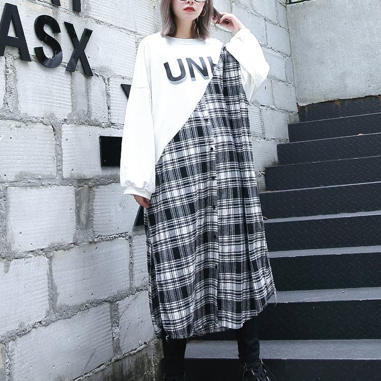 stylish white Plaid patchwork cotton blended caftans oversize O neck traveling dress fine side open baggy gown AT-FDL1809911