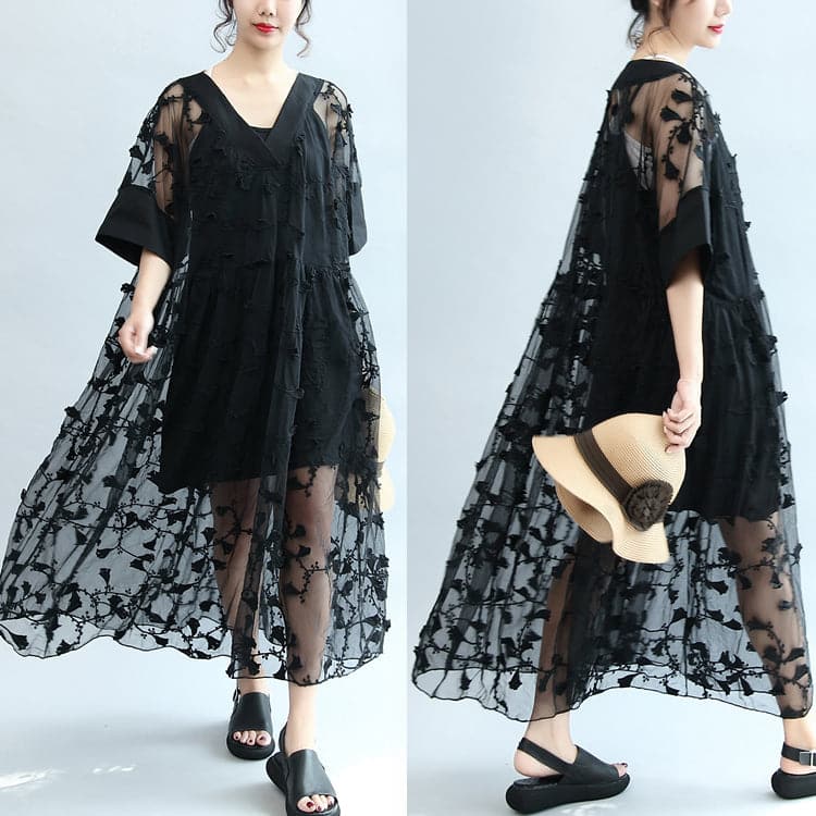 summer 2021 black embroidery lace dresses plus size maxi dress SDL171028