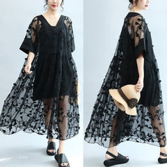 summer 2021 black embroidery lace dresses plus size maxi dress SDL171028