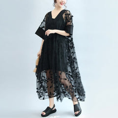 summer 2021 black embroidery lace dresses plus size maxi dress SDL171028