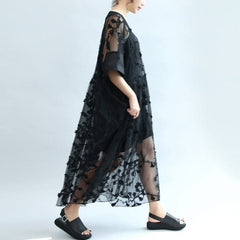 summer 2021 black embroidery lace dresses plus size maxi dress SDL171028