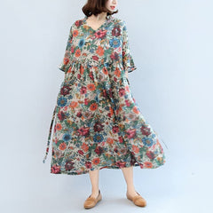 Summer Floral Casual Cotton Blend Sundress Oversize Bracelet Sleeved Maxi Dress SDL171028