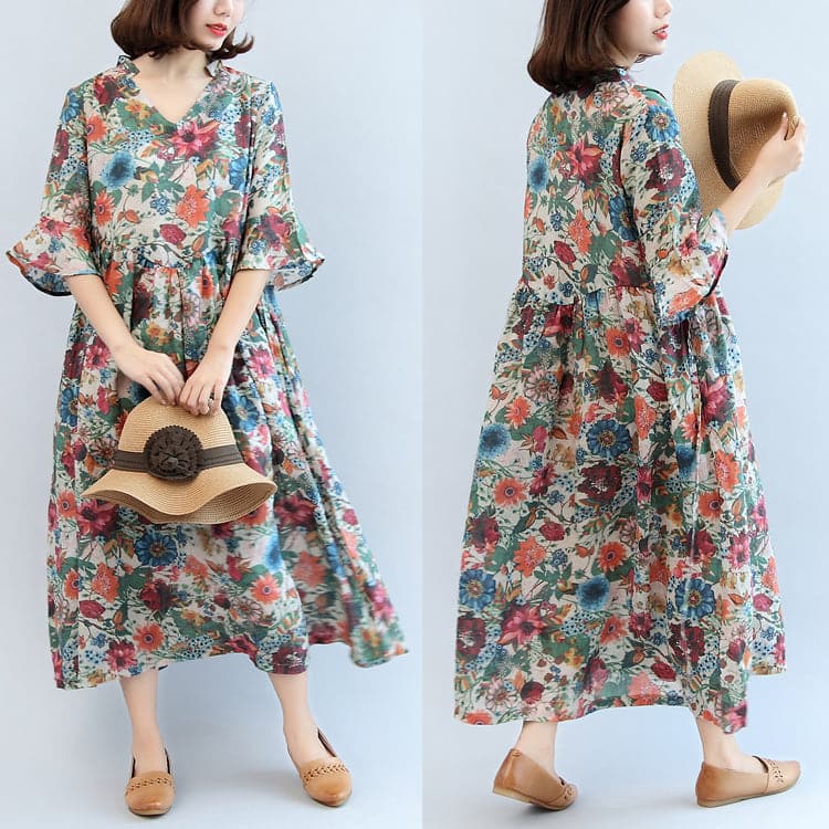 Summer Floral Casual Cotton Blend Sundress Oversize Bracelet Sleeved Maxi Dress SDL171028