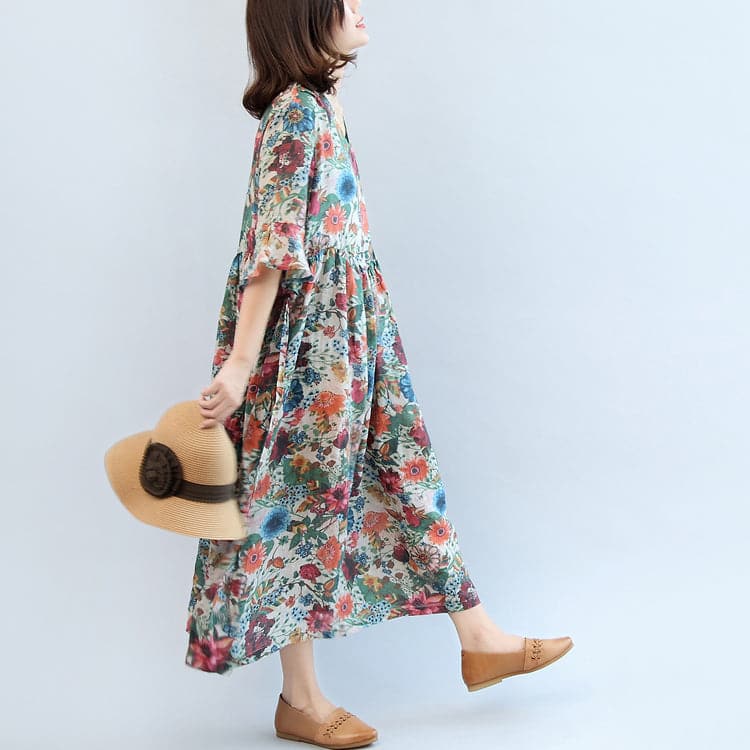 Summer Floral Casual Cotton Blend Sundress Oversize Bracelet Sleeved Maxi Dress SDL171028