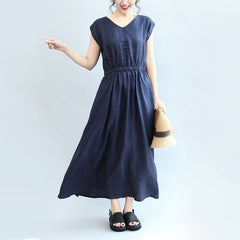 summer navy casual linen sundress plus size women v neck maxi dress SDL171028