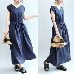 summer navy casual linen sundress plus size women v neck maxi dress SDL171028