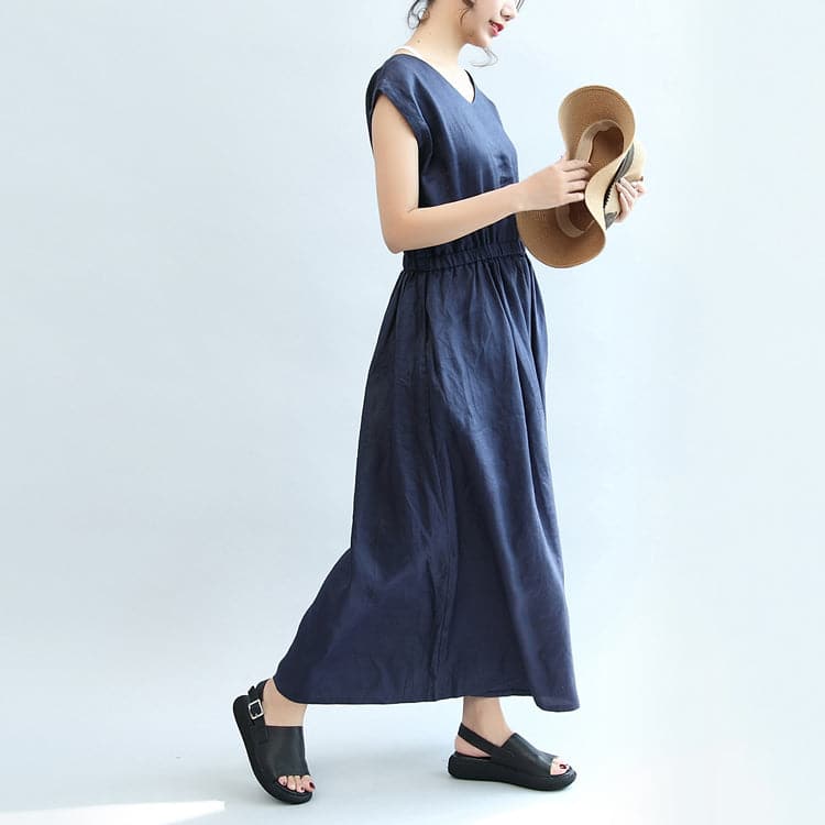 summer navy casual linen sundress plus size women v neck maxi dress SDL171028