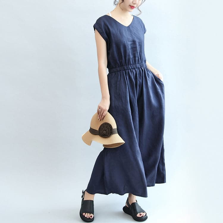 summer navy casual linen sundress plus size women v neck maxi dress SDL171028