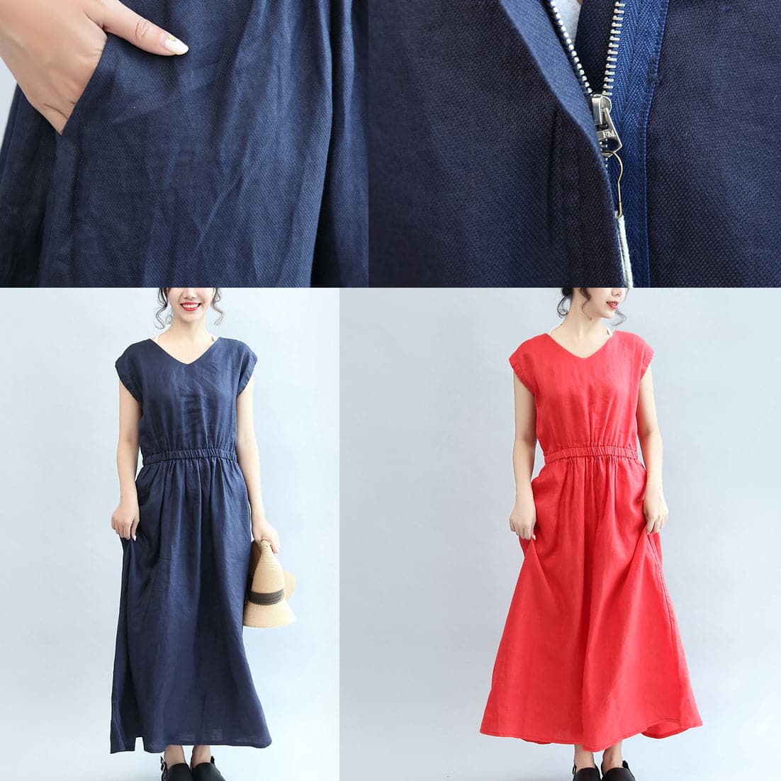 summer navy casual linen sundress plus size women v neck maxi dress SDL171028