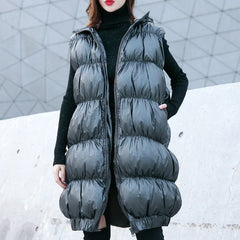 thick gray down jacket casual hooded zippered Parka fine Sleeveless tunic coat AT-DJK181010