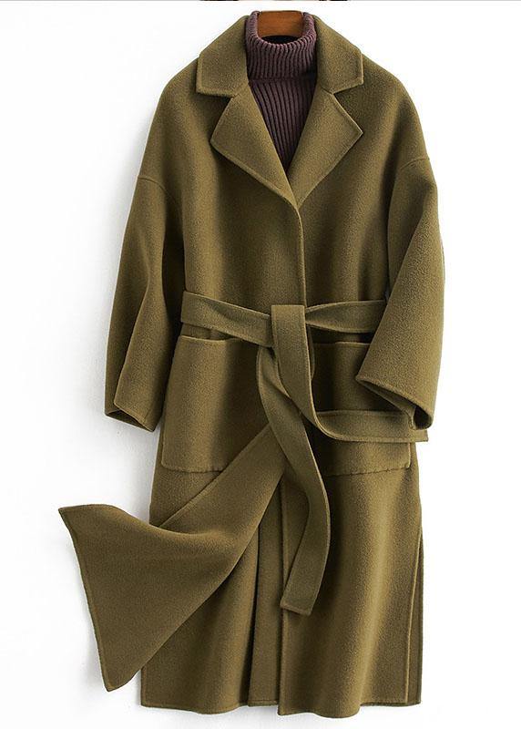 fine Loose fitting long coat tie waist green Notched woolen outwear TCT190821