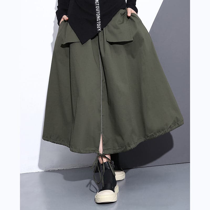 fine army green natural cotton skirt oversize A line skirts traveling boutique pockets drawstring cotton skirt AT-SKTS180910