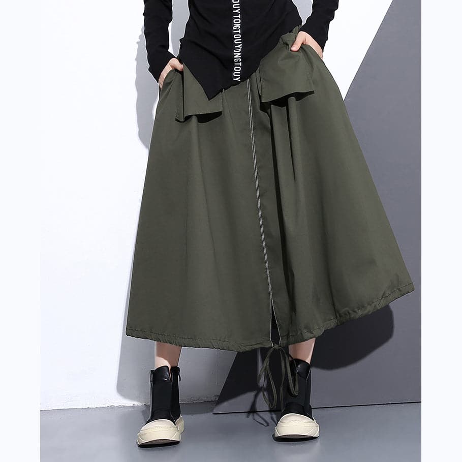 fine army green natural cotton skirt oversize A line skirts traveling boutique pockets drawstring cotton skirt AT-SKTS180910