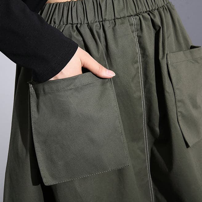 fine army green natural cotton skirt oversize A line skirts traveling boutique pockets drawstring cotton skirt AT-SKTS180910