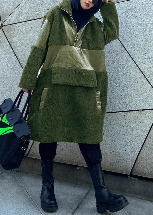 army green wool coat trendy plus size winter lapel patchwork PU jacket AT-TCT201217