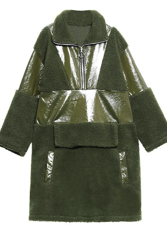 army green wool coat trendy plus size winter lapel patchwork PU jacket AT-TCT201217