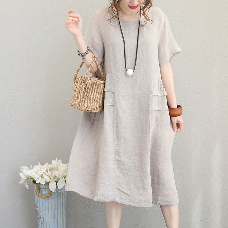 fine beige linen dress casual linen clothing dresses women o neck patchwork cotton dress SDM180727