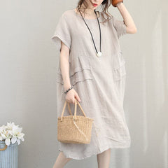 fine beige linen dress casual linen clothing dresses women o neck patchwork cotton dress SDM180727