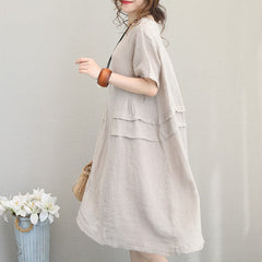 fine beige linen dress casual linen clothing dresses women o neck patchwork cotton dress SDM180727