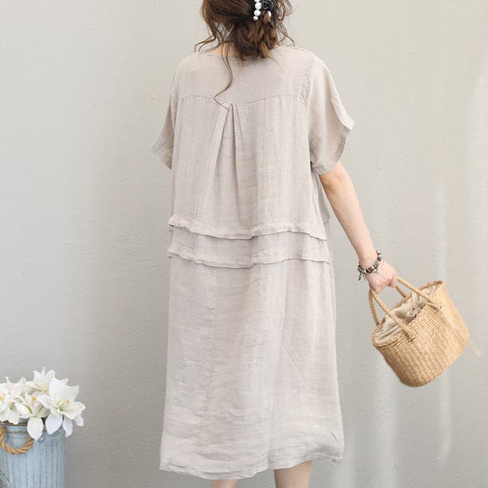 fine beige linen dress casual linen clothing dresses women o neck patchwork cotton dress SDM180727