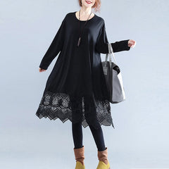 Fine Black Cotton Dresses Casual Cotton Clothing Dresses Fine Lace Ruffles Long Sleeve Cotton Dresses AT-SDM180313