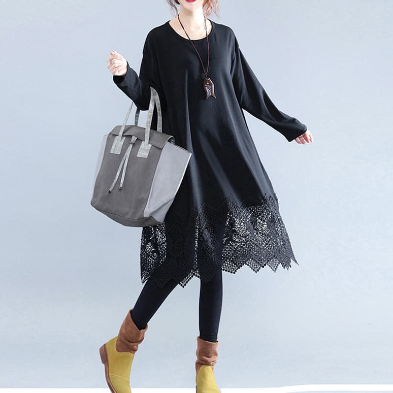 Fine Black Cotton Dresses Casual Cotton Clothing Dresses Fine Lace Ruffles Long Sleeve Cotton Dresses AT-SDM180313