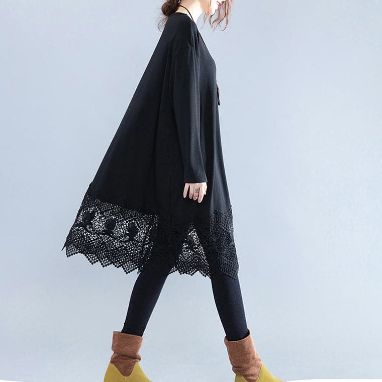 Fine Black Cotton Dresses Casual Cotton Clothing Dresses Fine Lace Ruffles Long Sleeve Cotton Dresses AT-SDM180313