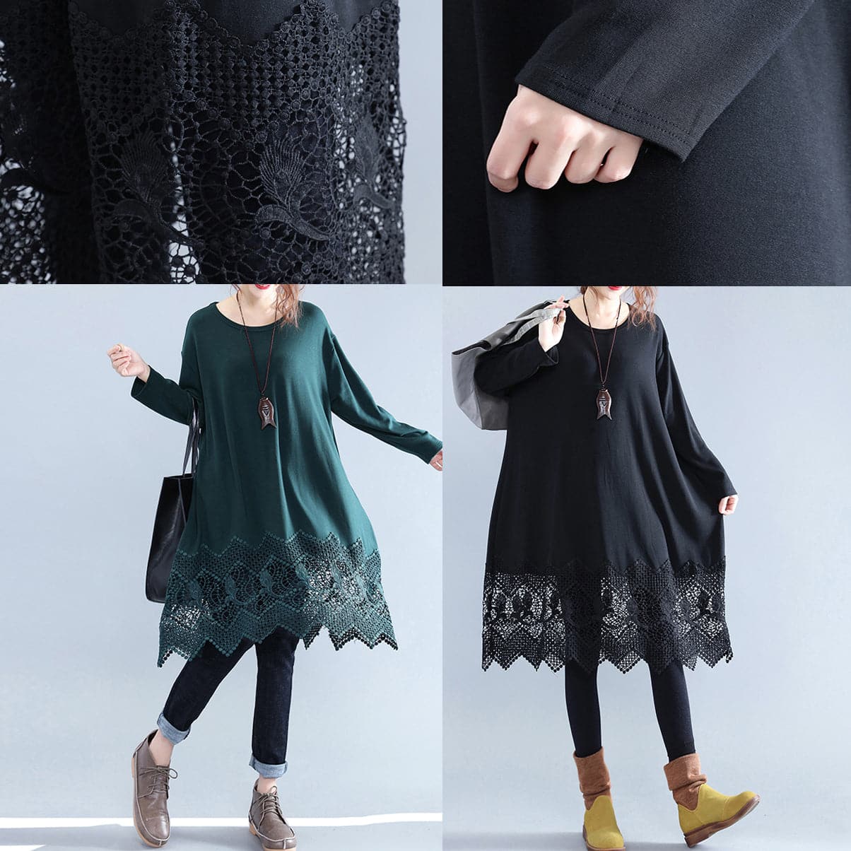 Fine Black Cotton Dresses Casual Cotton Clothing Dresses Fine Lace Ruffles Long Sleeve Cotton Dresses AT-SDM180313