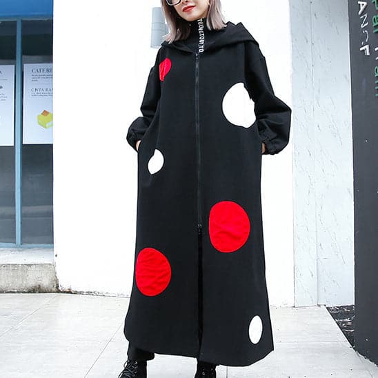 fine black dotted long coat plus size hooded maxi coat women side open baggy coats AT-TCT1809911