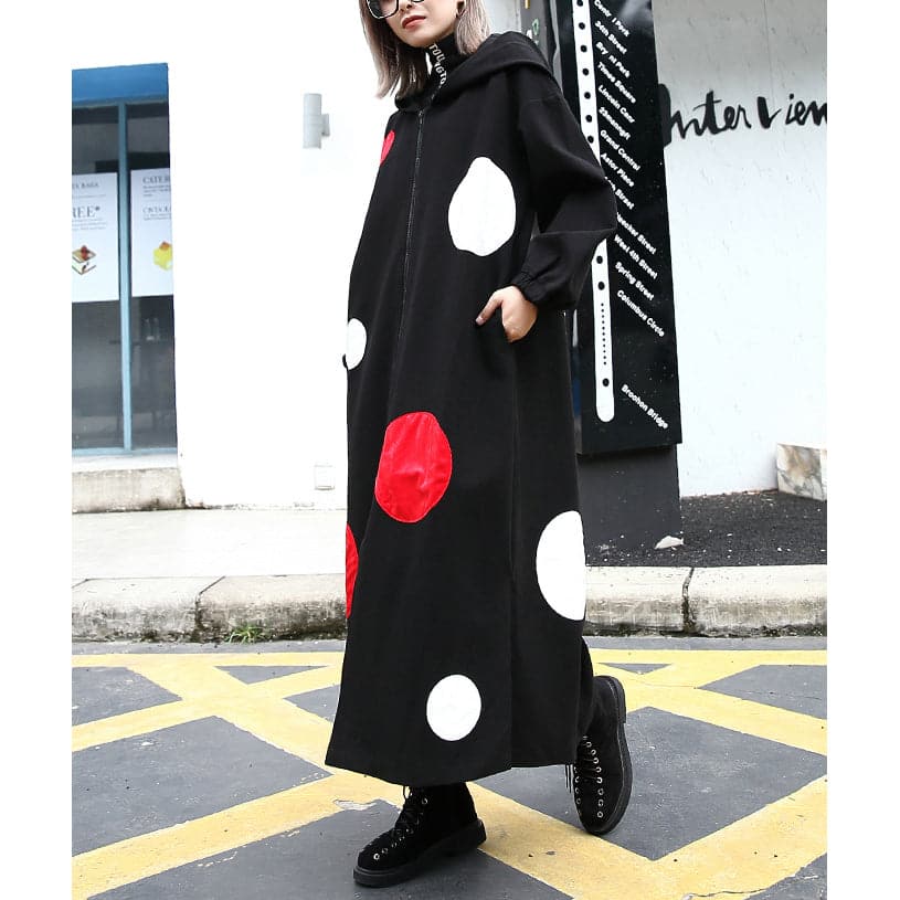 fine black dotted long coat plus size hooded maxi coat women side open baggy coats AT-TCT1809911