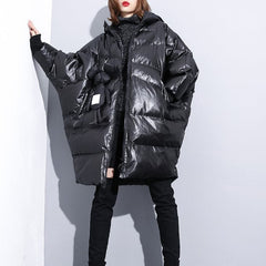 fine black down jacket plus size hooded cotton coat Elegant zippered pockets over coat AT-DJK181010