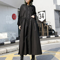 fine black long cotton dresses Loose fitting stand collar cotton clothing dress New elastic waist cotton caftans AT-FDL180213