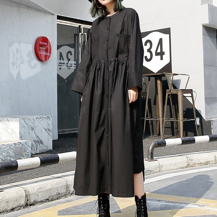 fine black long cotton dresses Loose fitting stand collar cotton clothing dress New elastic waist cotton caftans AT-FDL180213