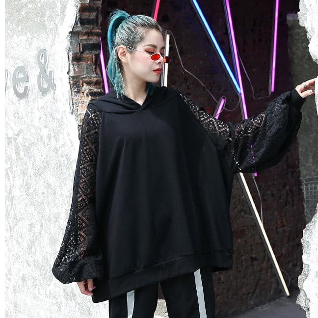 fine black natural cotton blended t shirt oversized hooded clothing tops fine lace patchwork long sleeve tops AT-LTP180917