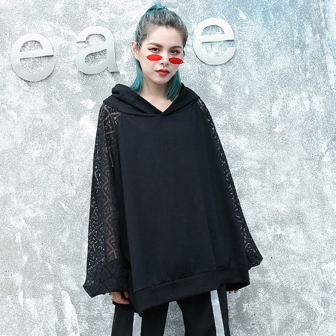 fine black natural cotton blended t shirt oversized hooded clothing tops fine lace patchwork long sleeve tops AT-LTP180917