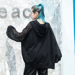 fine black natural cotton blended t shirt oversized hooded clothing tops fine lace patchwork long sleeve tops AT-LTP180917