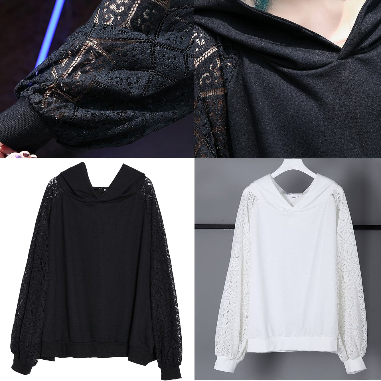 fine black natural cotton blended t shirt oversized hooded clothing tops fine lace patchwork long sleeve tops AT-LTP180917