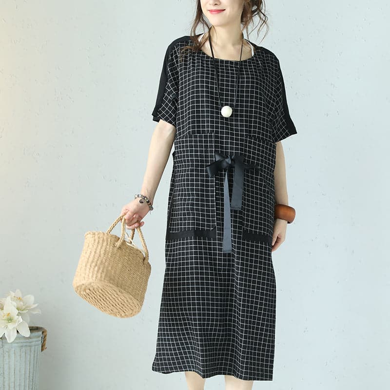 fine black plaid cotton dresses plus size patchwork traveling clothing 2018 tie waist gown SDM180727