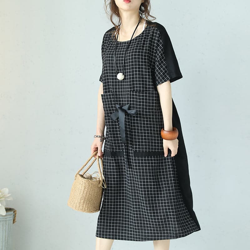 fine black plaid cotton dresses plus size patchwork traveling clothing 2018 tie waist gown SDM180727