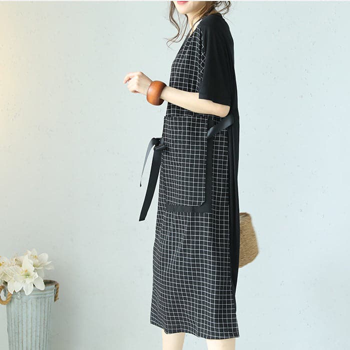 fine black plaid cotton dresses plus size patchwork traveling clothing 2018 tie waist gown SDM180727